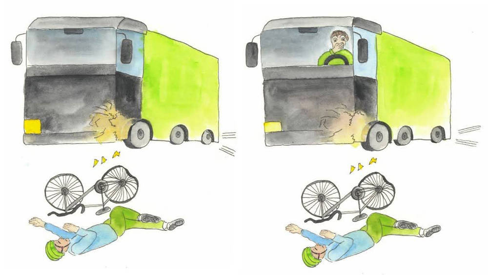 Zwei fast gleiche Szenen nebeneinander: im Vordergrund liegt eine Velofahrer:in am Boden, das Velo ist zerstört. Im Hintergrund steht ein Lastwagen. In der rechten Szene ist zusätzlich der/die Lastwagenfahrer:in im Führerhaus sichtbar.